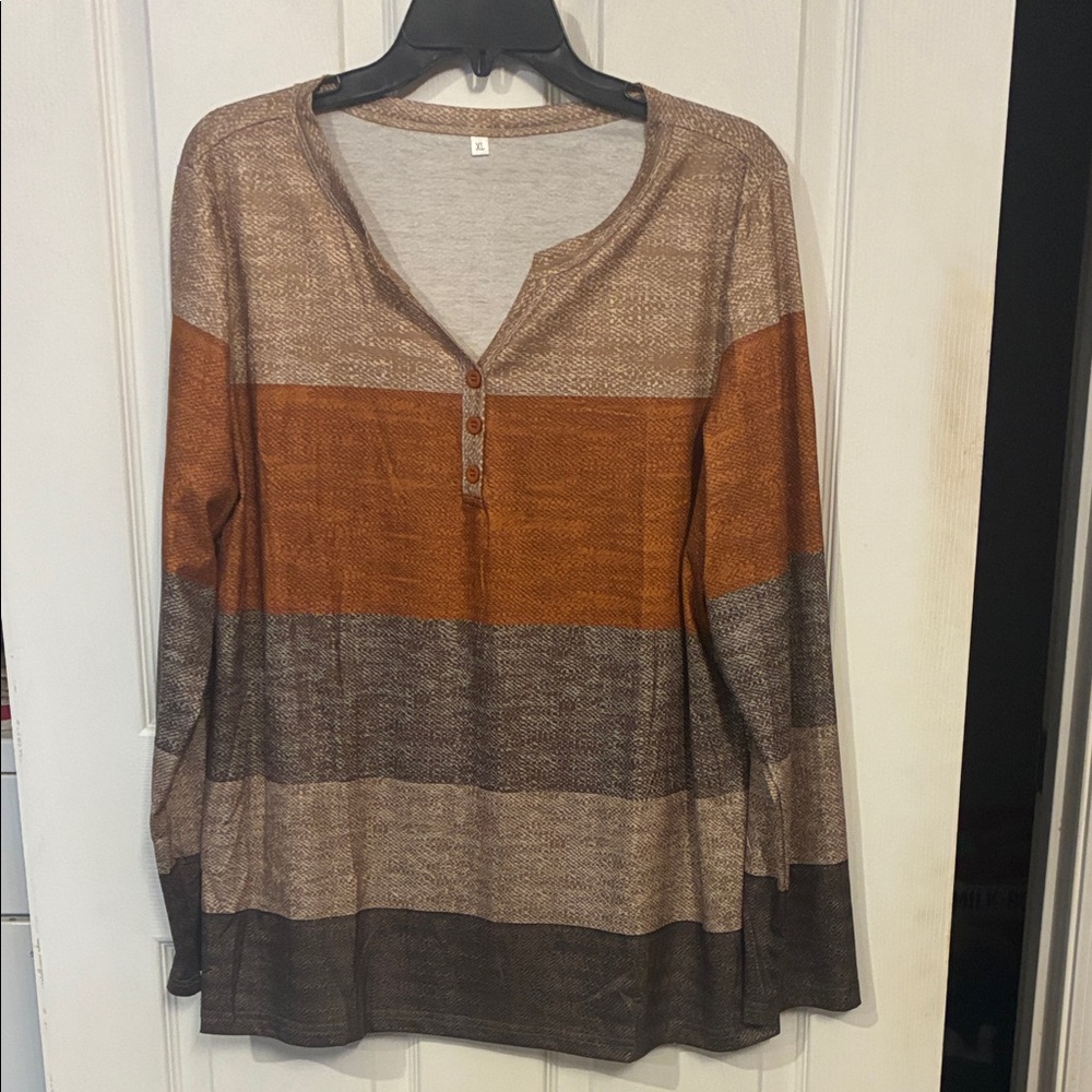 Amazon Women's Long Sleeve Top with Brown and Orange Stripes